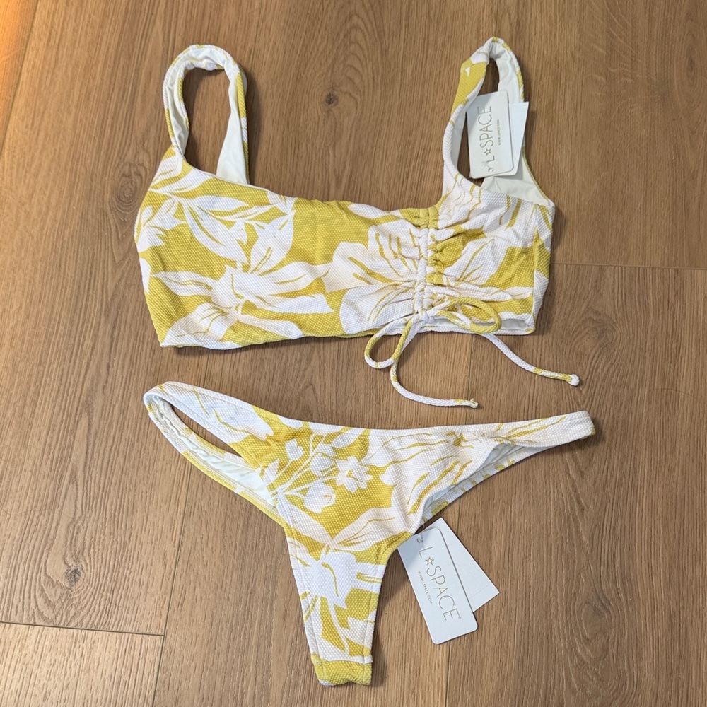 l*space Yellow & White Floral Ruched Bikini Set